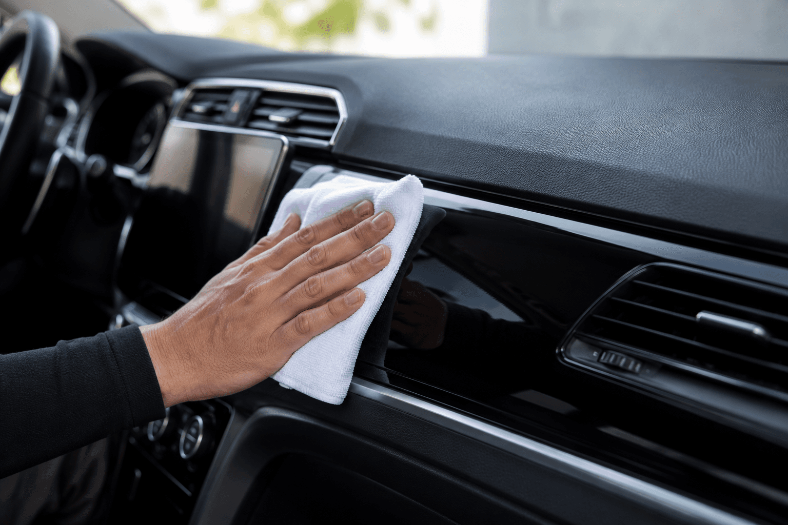 Dashboard afnemen met microvezel doek — glanzend schoon dashboard van dichtbij