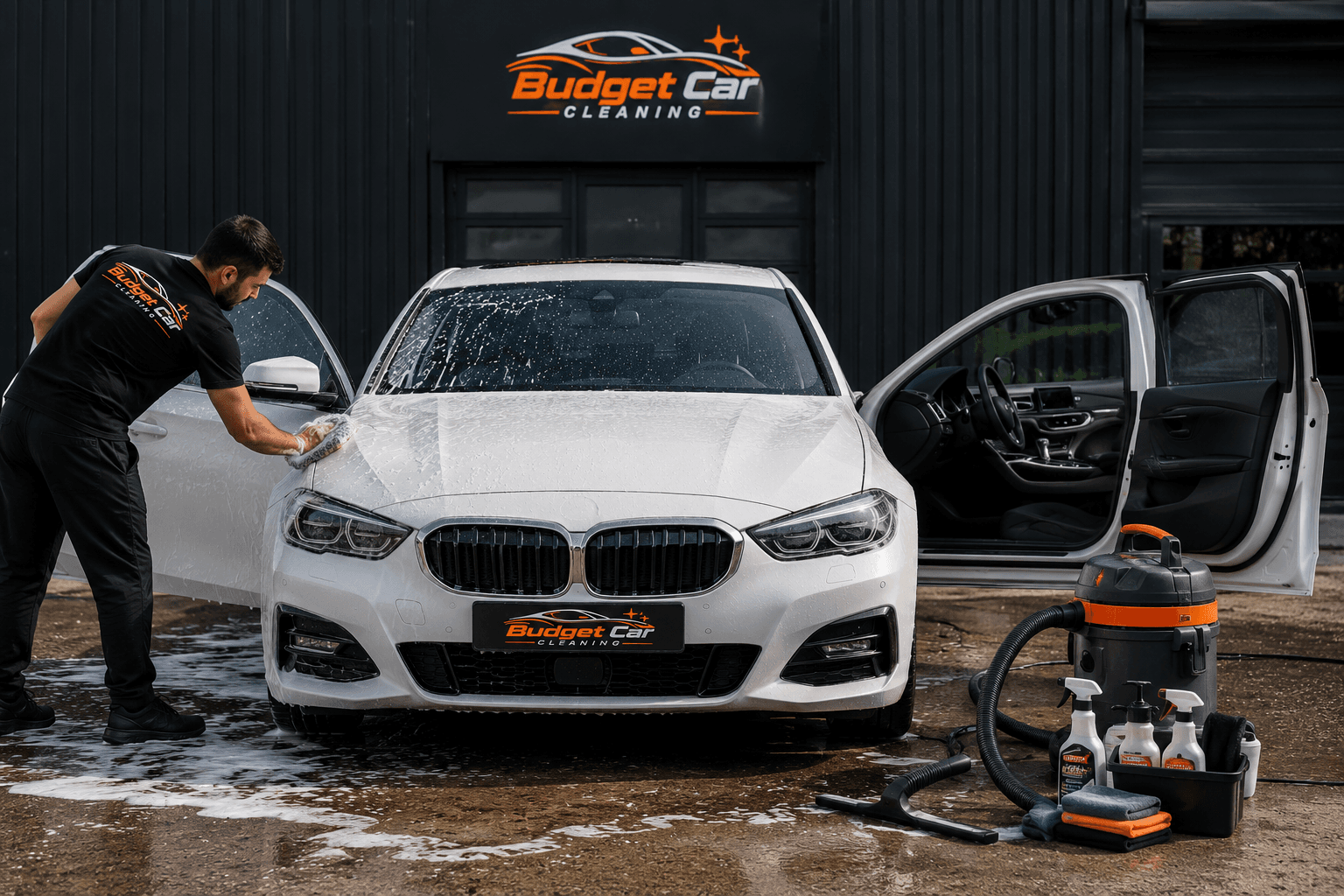 Exterieur en interieur tegelijk behandeld — auto staat open met glanzende buitenkant en proper interieur zichtbaar