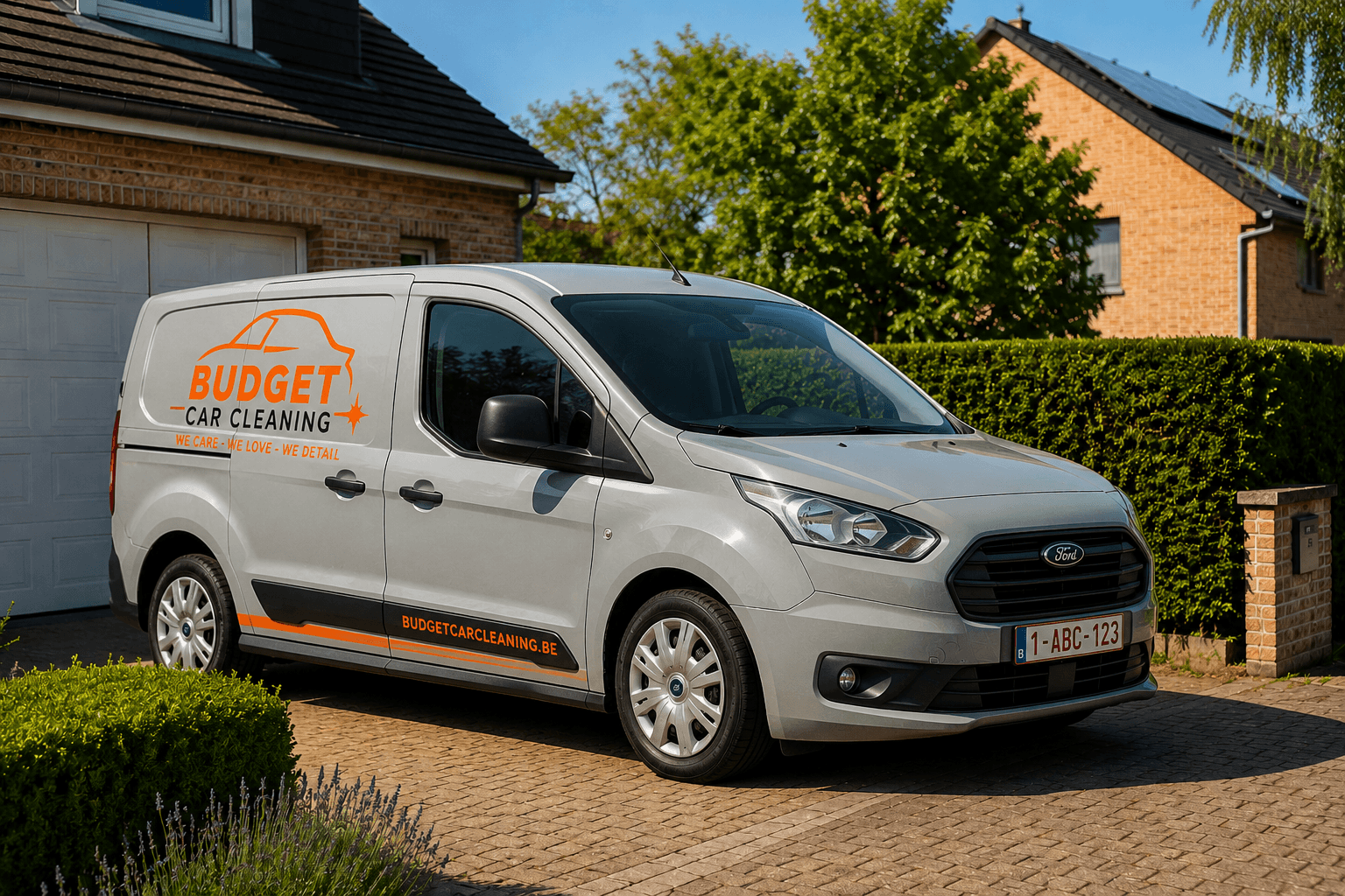 Budget Car Cleaning bestelwagen geparkeerd voor een woonhuis — team klaar om te starten
