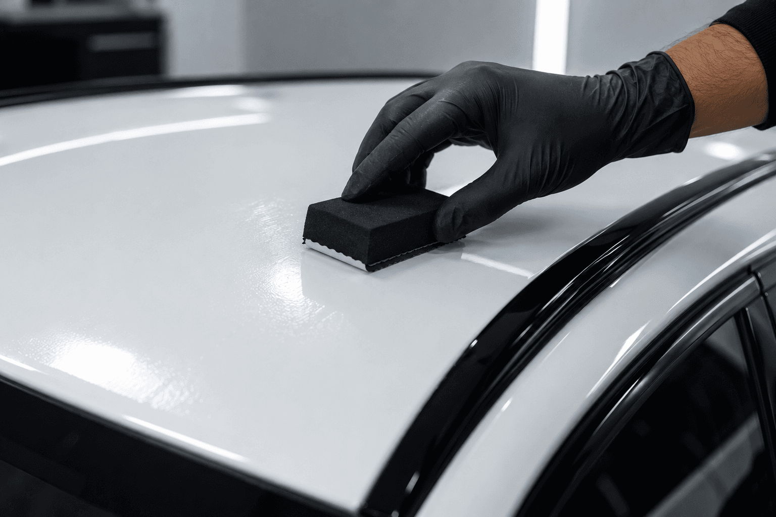 Keramische coating aanbrengen met applicatorblok op autoruglak — hands-on close-up